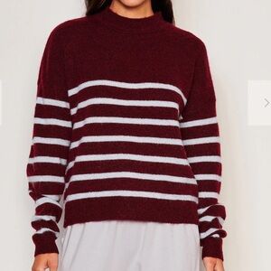 Sundry Stripes Mock Neck Cozy Sweater in Bordeaux maroon And Blue size large